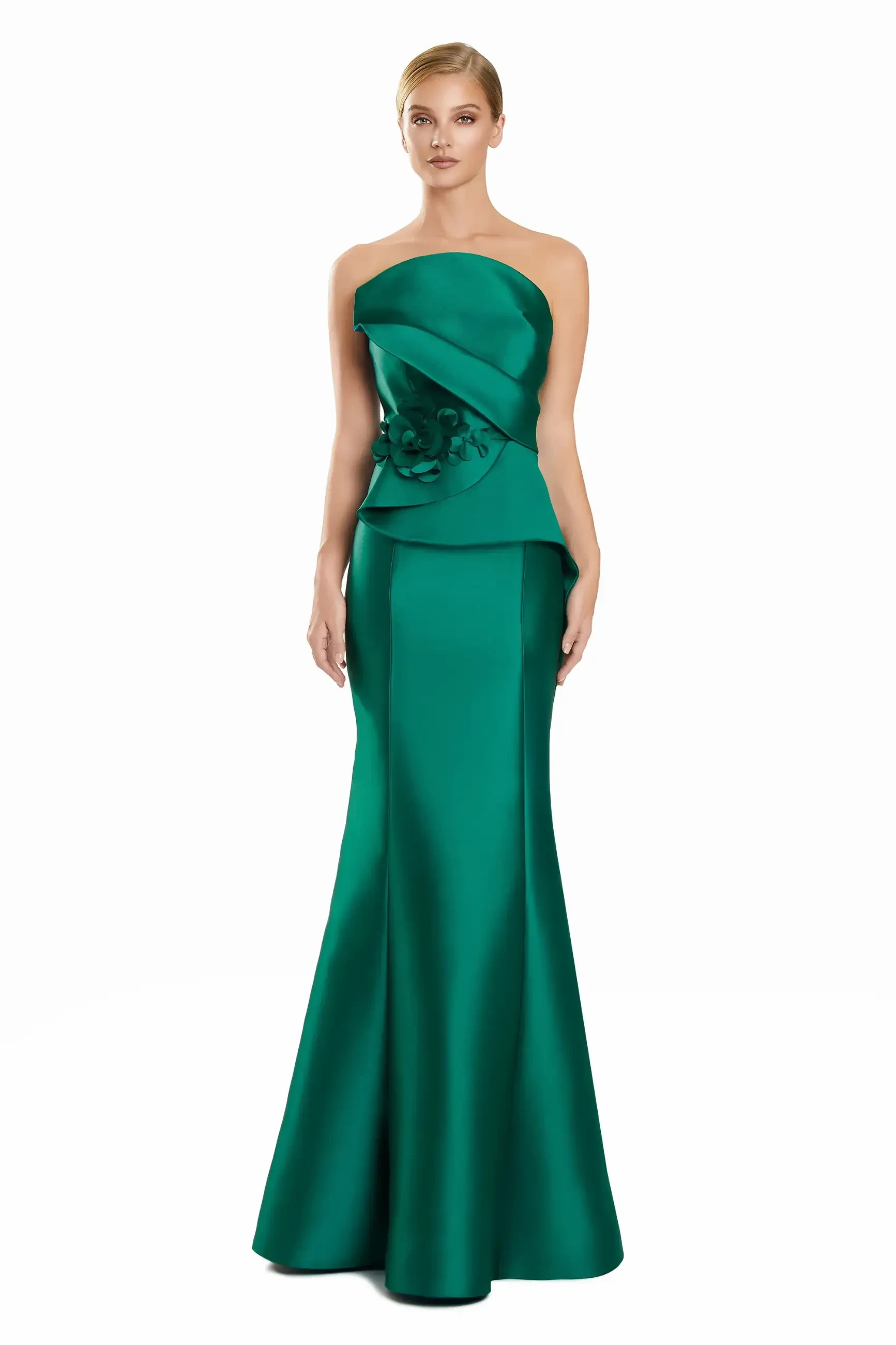 model is wearing a green strapless fit and flare mother of the bride gown
