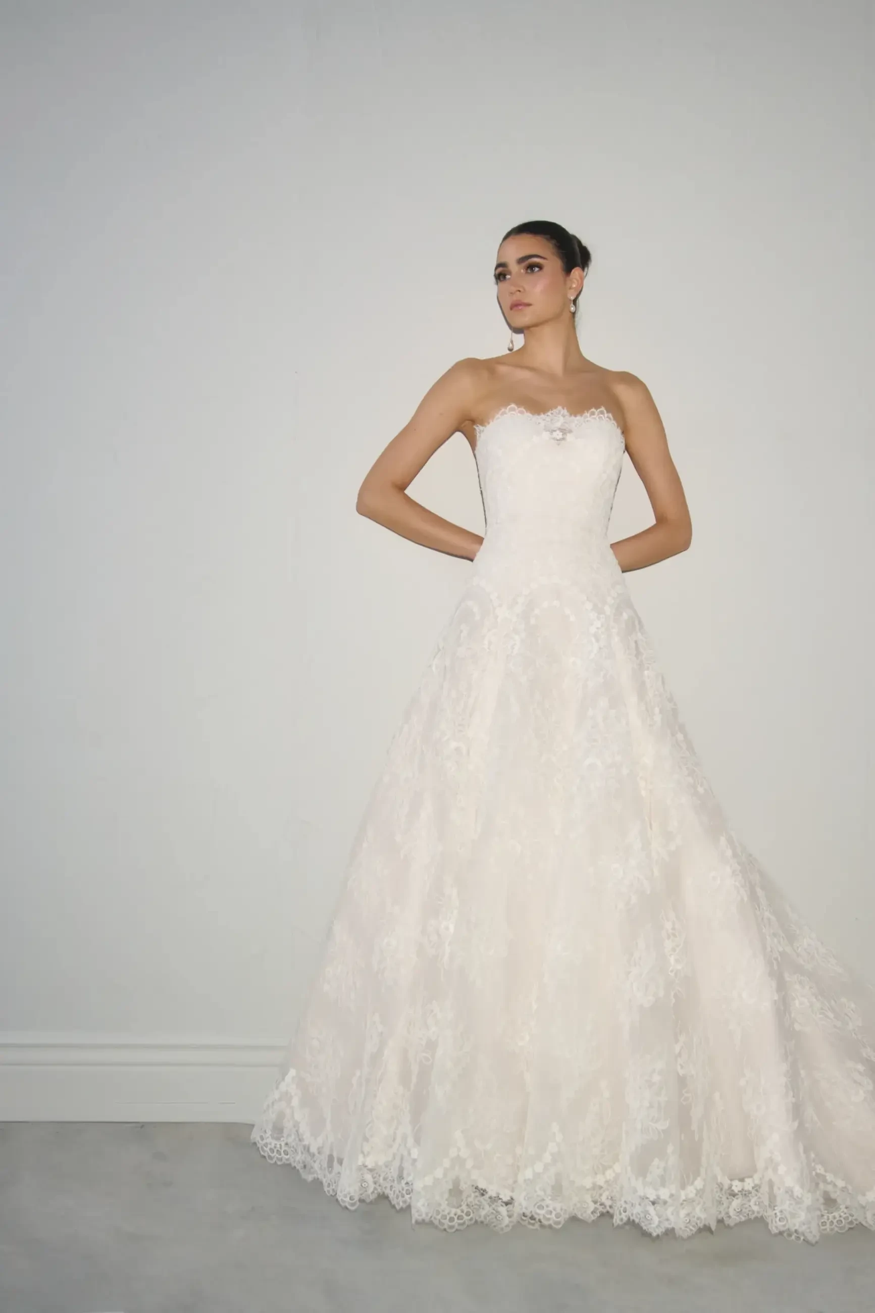 Model is wearing an allover lace a-line wedding dress with a dropped waist and straight neckline