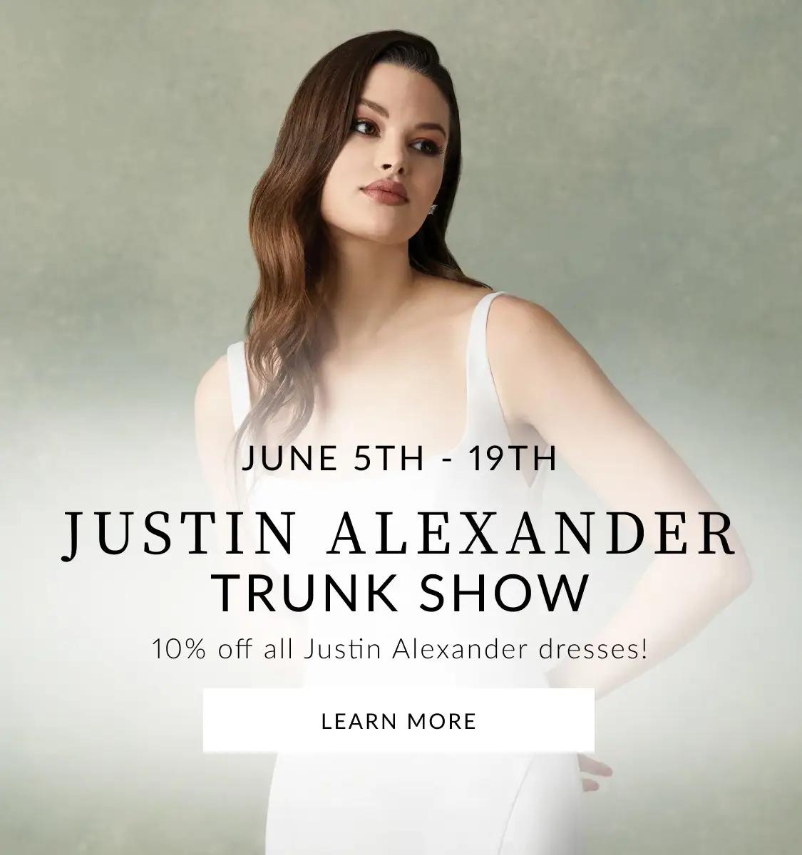 "Justin Alexander Trunk Show" banner for mobile
